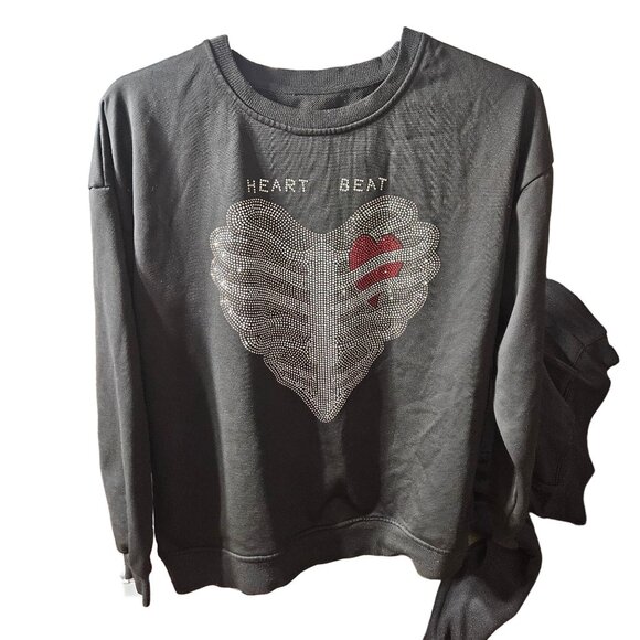 Rhinestone "Heart Beat" Design Black Sweatshirt Shein S - Picture 1 of 5
